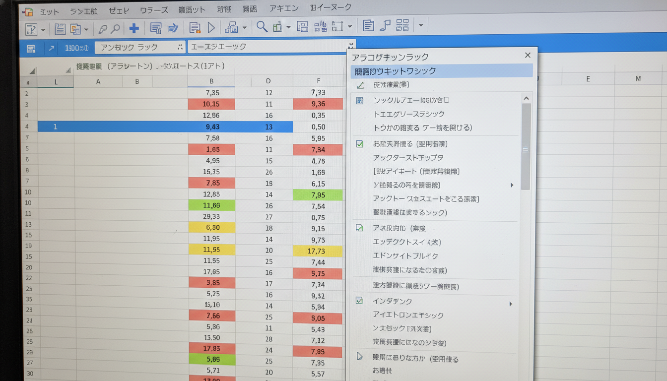 Excel条件付き書式の設定画面とカラフルに色分けされたデータ表