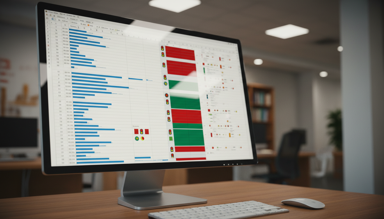 条件付き書式で色分けされた複雑なExcelデータ分析表