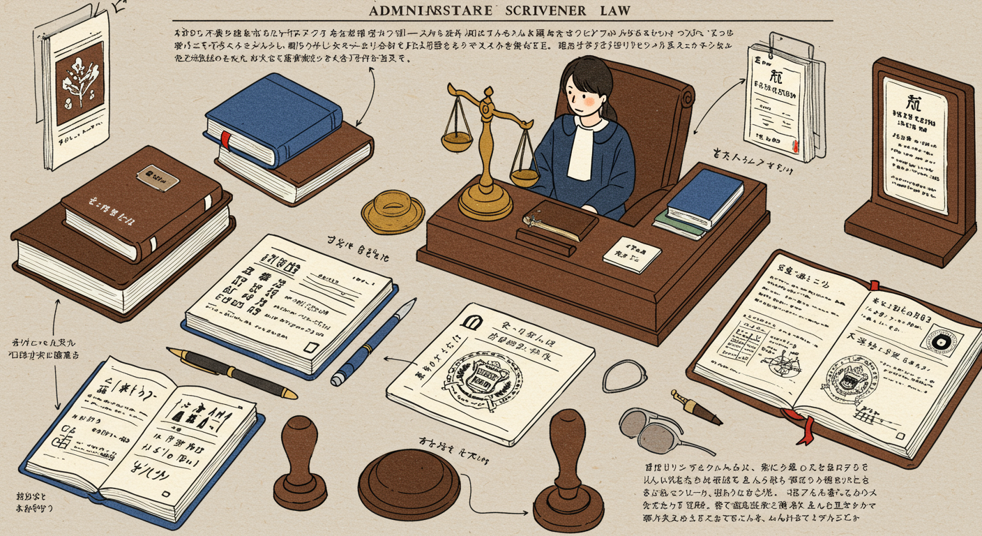 行政書士法と関連法令の学習ポイントを示すイラスト