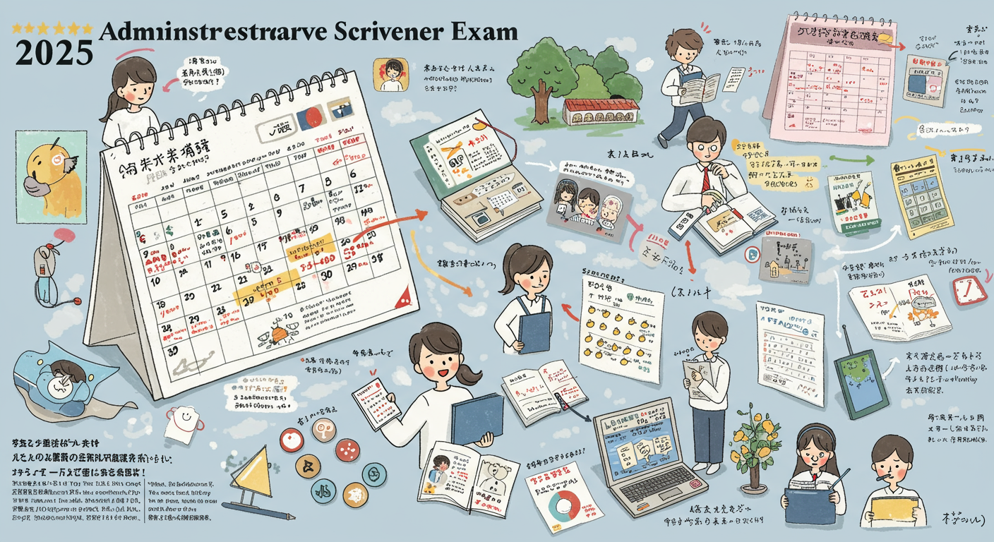 2025年行政書士試験の最新情報と対策ポイントを示すイラスト