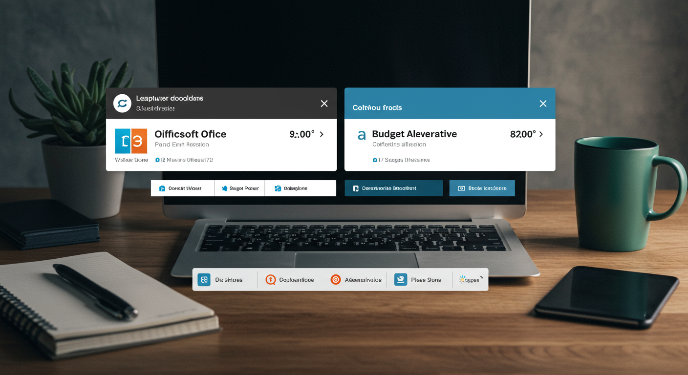 デスクに置かれたノートパソコンとOfficeソフトの価格表