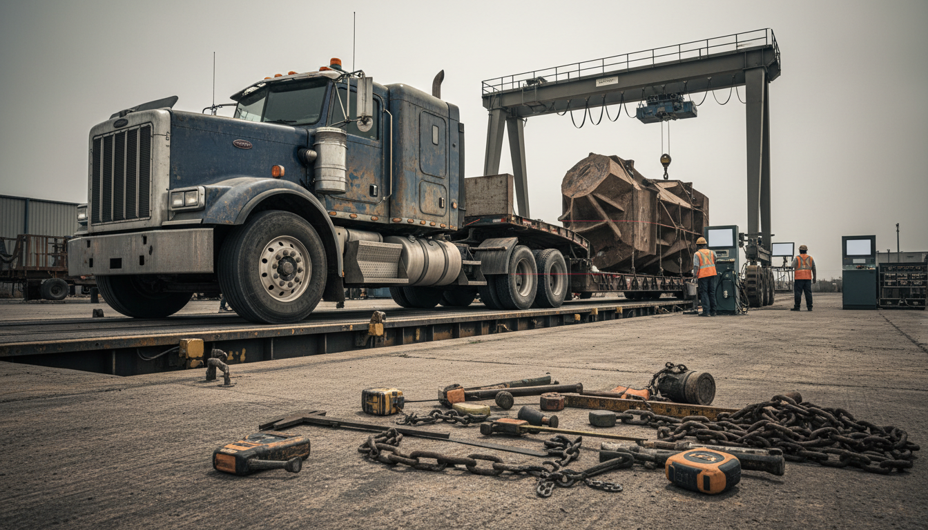 特殊車両の寸法と重量を測定する様子