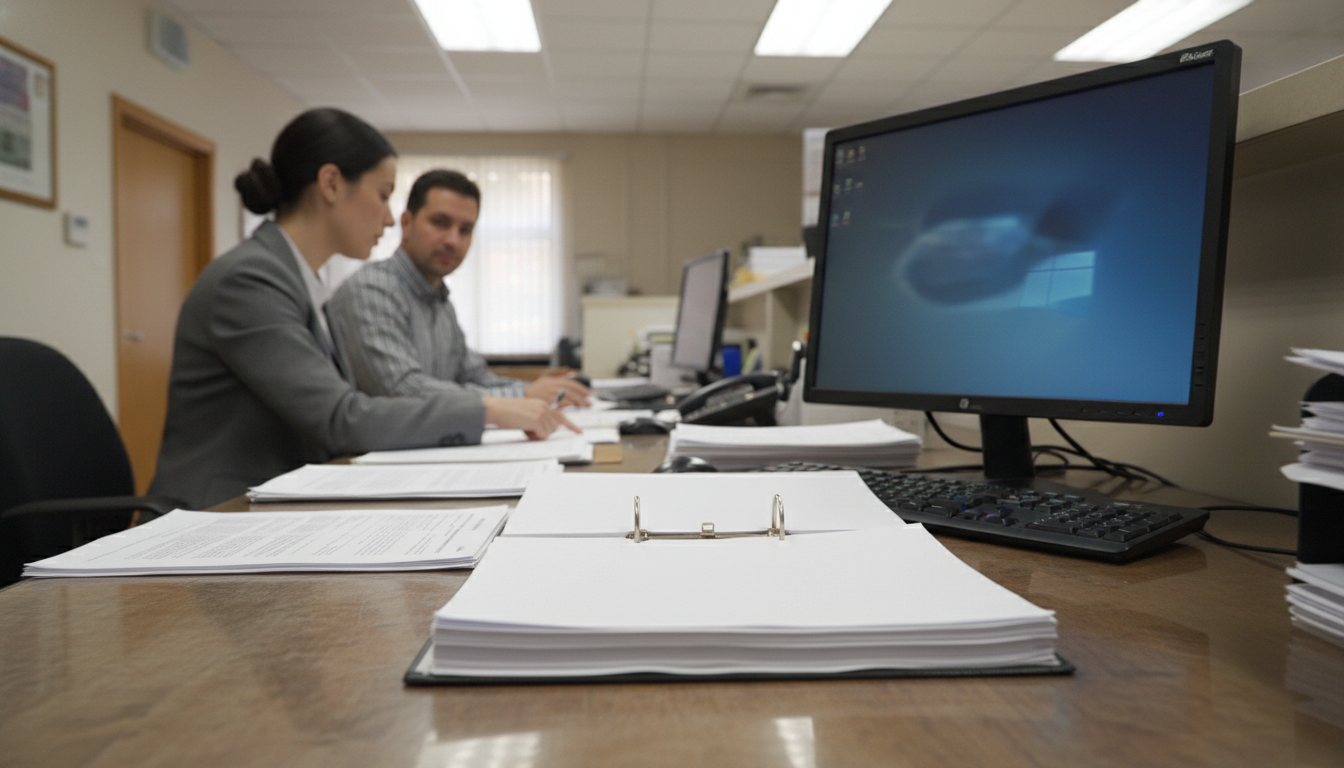 行政窓口で特殊車両申請の相談をする様子