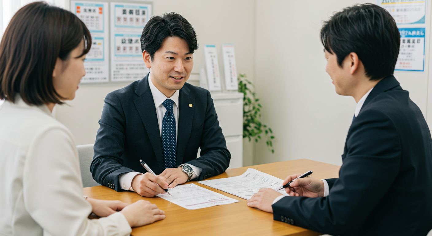 不動産賃貸仲介の営業マンが顧客と話し合っている様子
