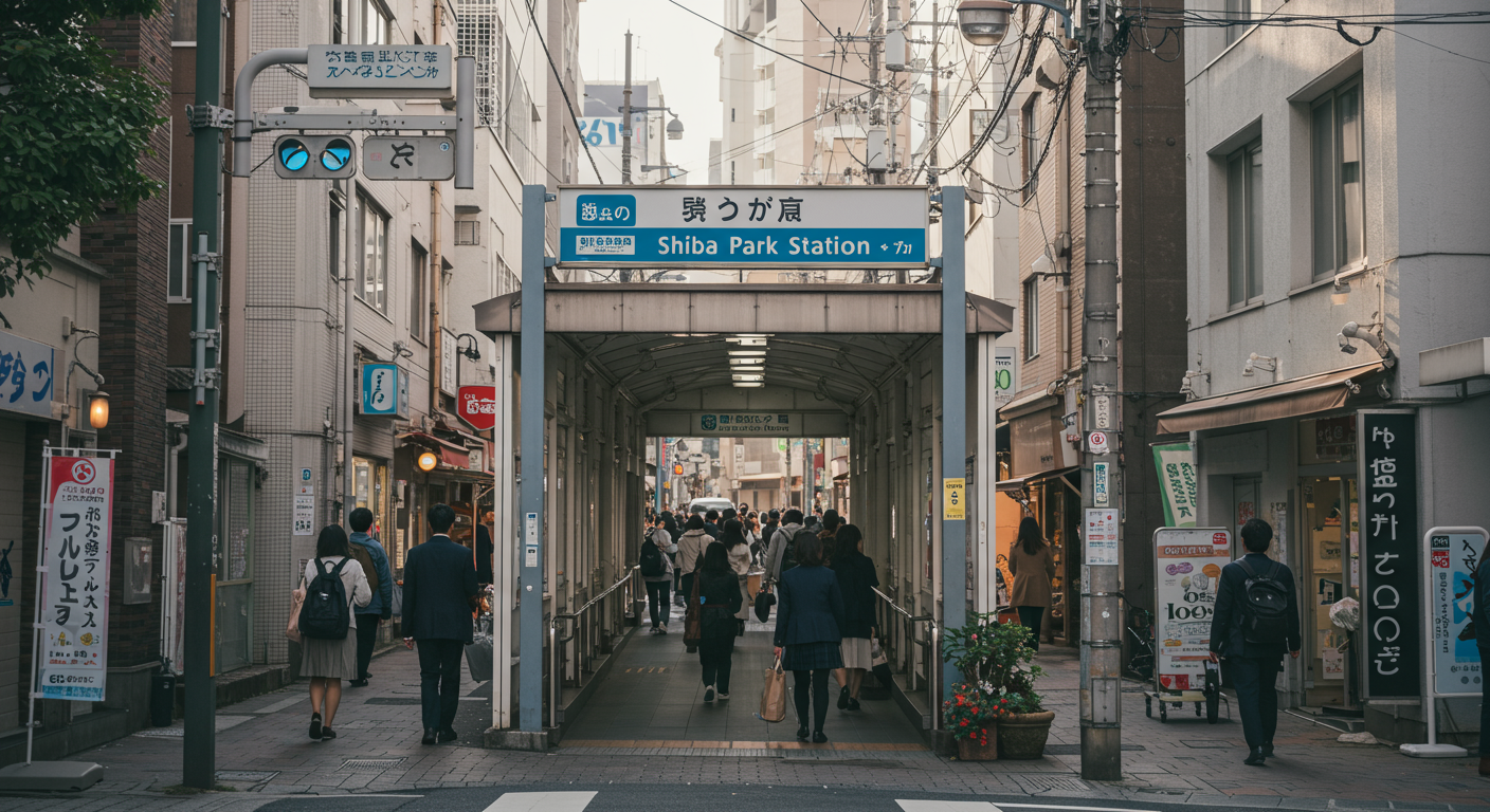 芝公園駅の駅前風景と通勤・通学する人々
