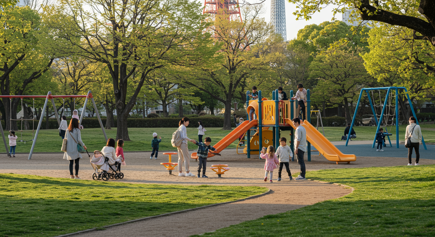芝公園で遊ぶ子どもたちと見守る家族