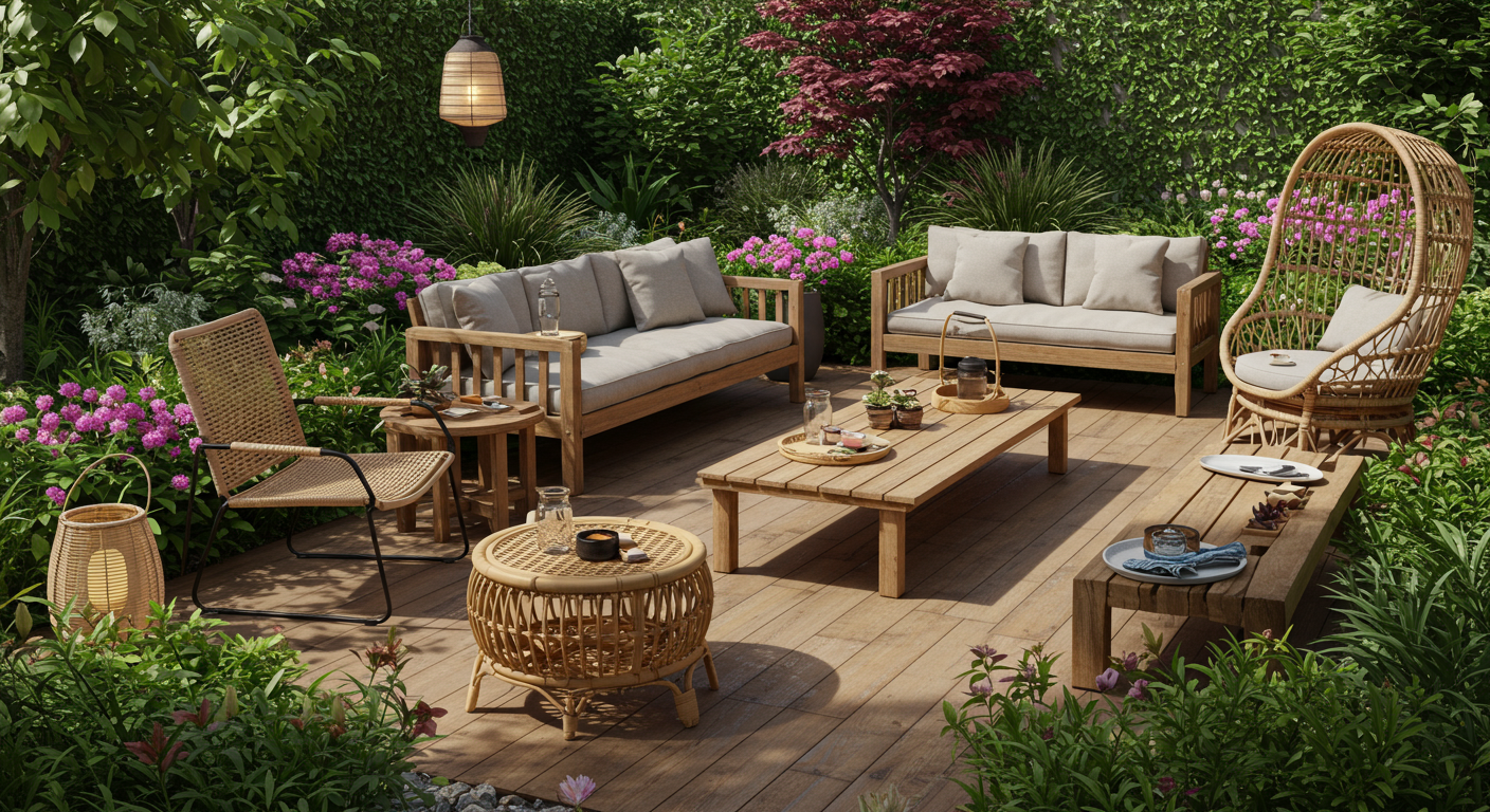 様々な種類のガーデンファニチャーが並ぶ庭の様子