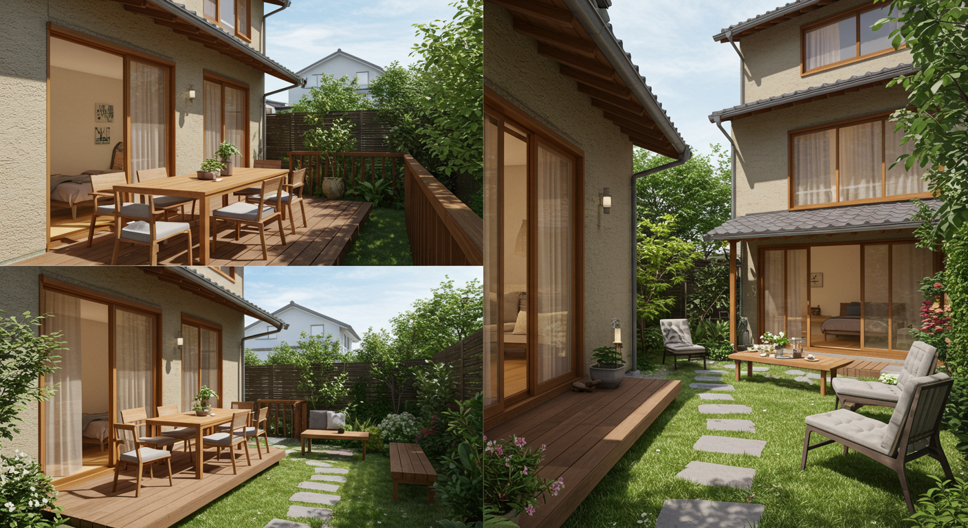 様々な外構空間に配置されたガーデンファニチャーの例