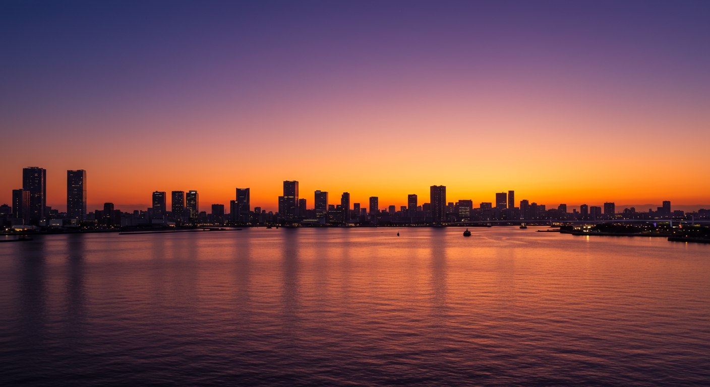 東京湾の夕暮れ時の絶景と港区の高層ビル群