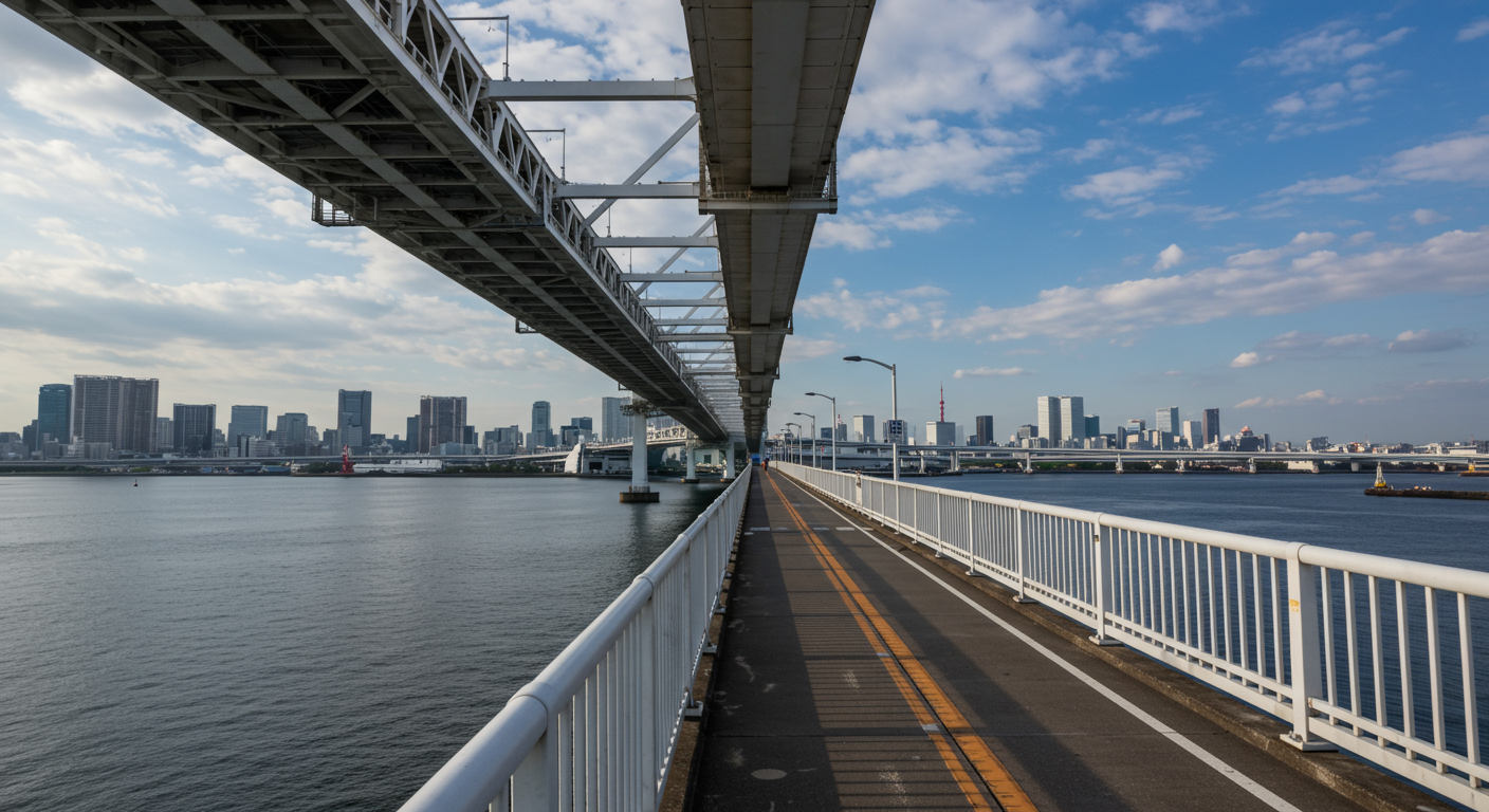 レインボーブリッジの遊歩道から見る東京湾の景色