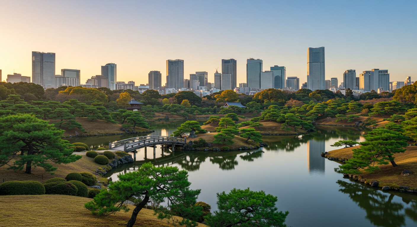 浜離宮恩賜庭園から見る東京湾と高層ビル群