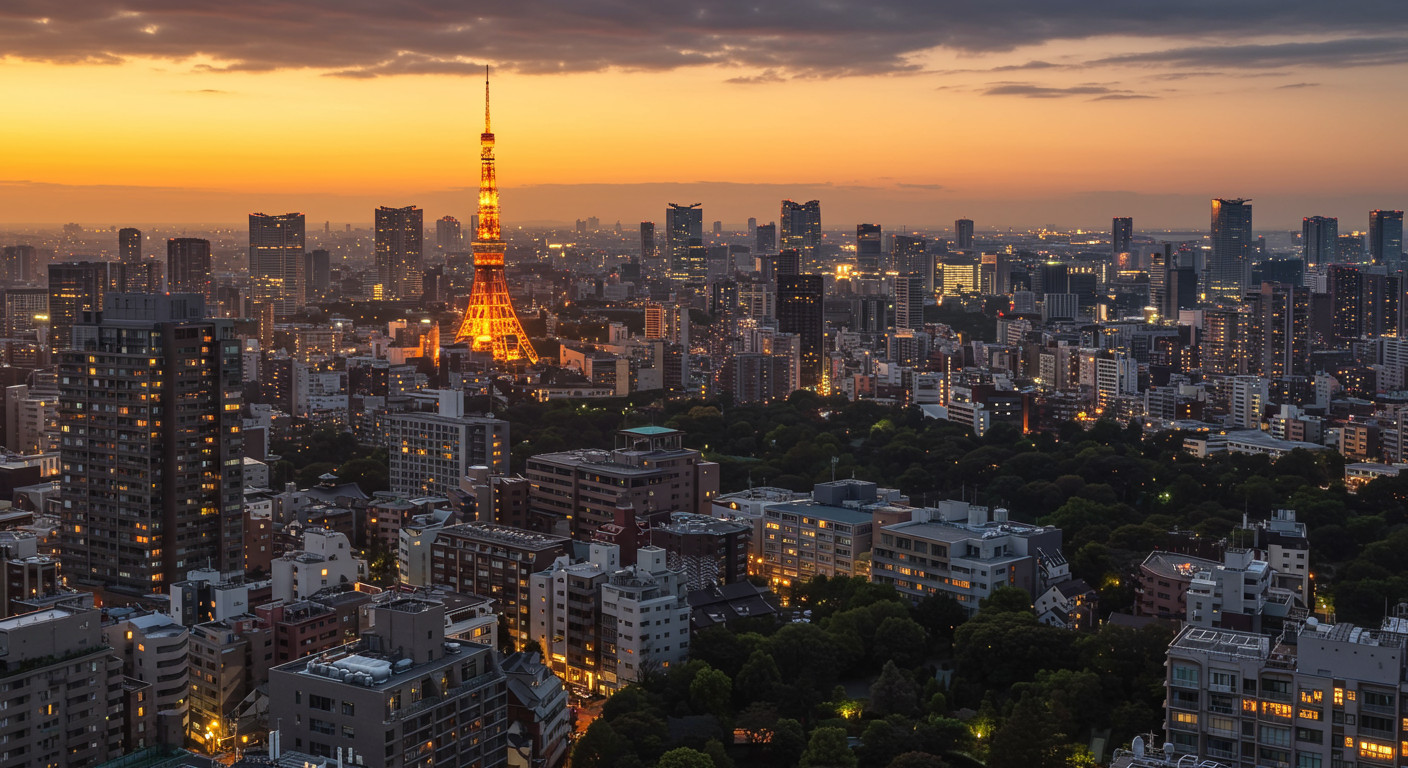 夕暮れ時の白金エリアの街並みと東京タワーの眺望