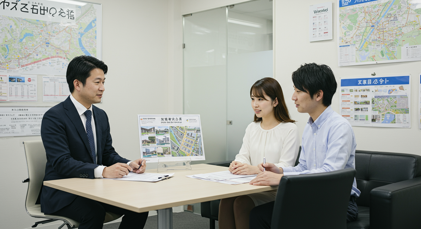 不動産エージェントとカップルの相談風景 プロのアドバイスを受ける様子