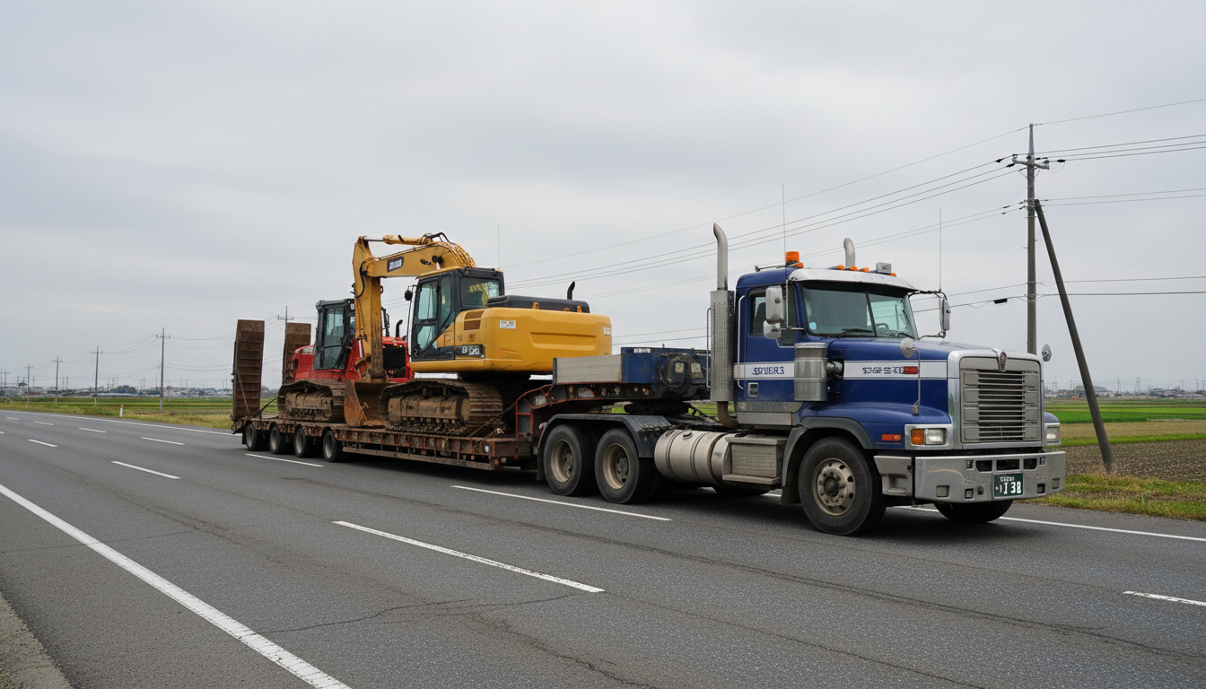 特殊車両通行許可申請が必要な大型トレーラーと公道走行のイメージ