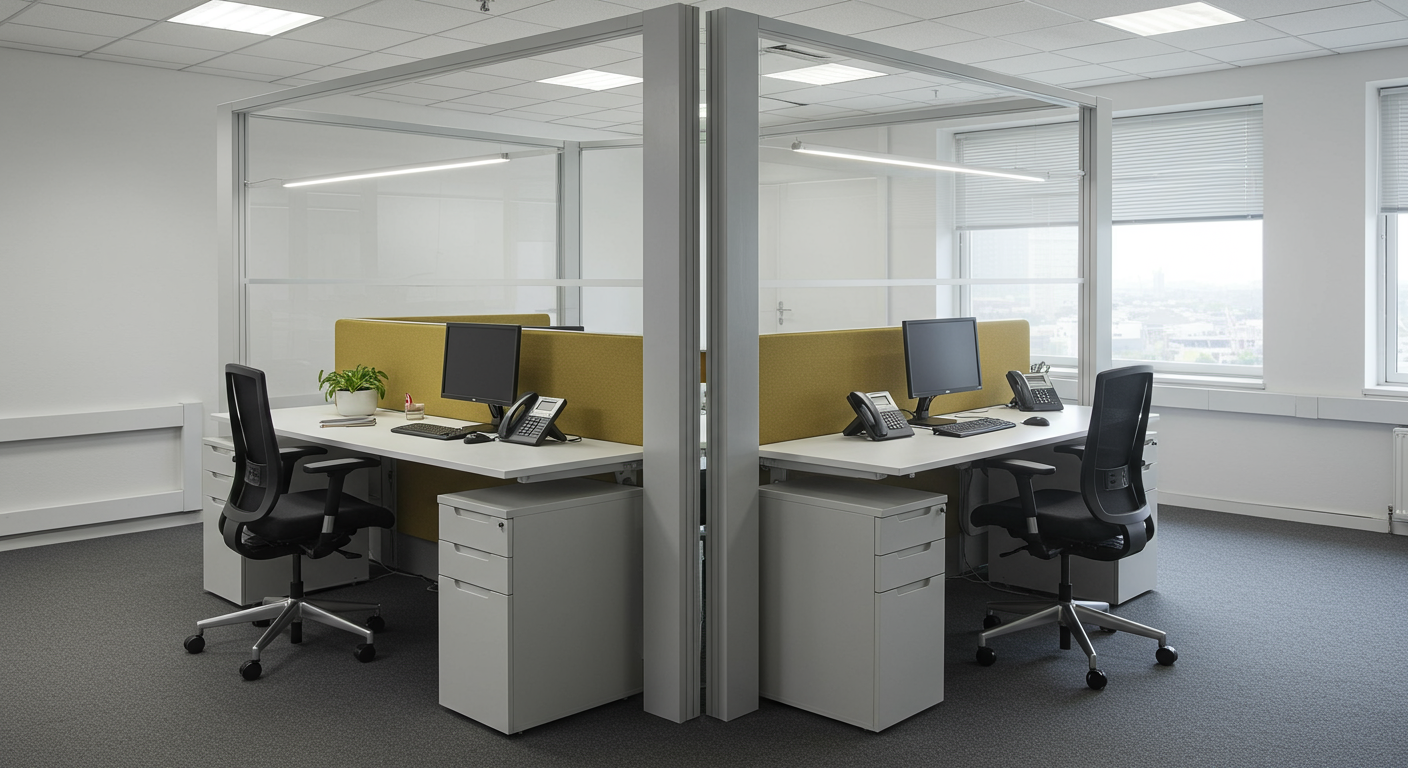 オフィスの電話設備とパーテーションで区切られた執務スペース