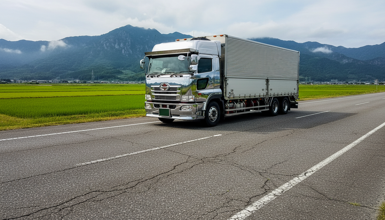 特殊車両通行許可の対象となる大型トレーラーが栃木県の道路を走行している様子
