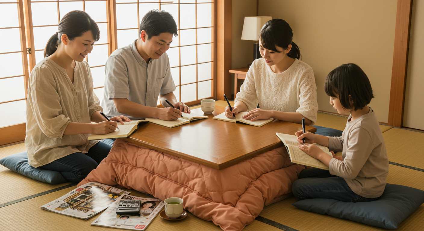家族が家づくりの希望条件をノートに書き出している様子