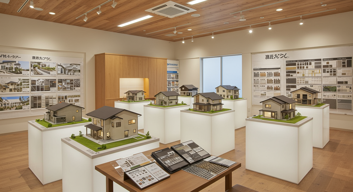 ハウスメーカーのショールームで住宅模型を見ている様子