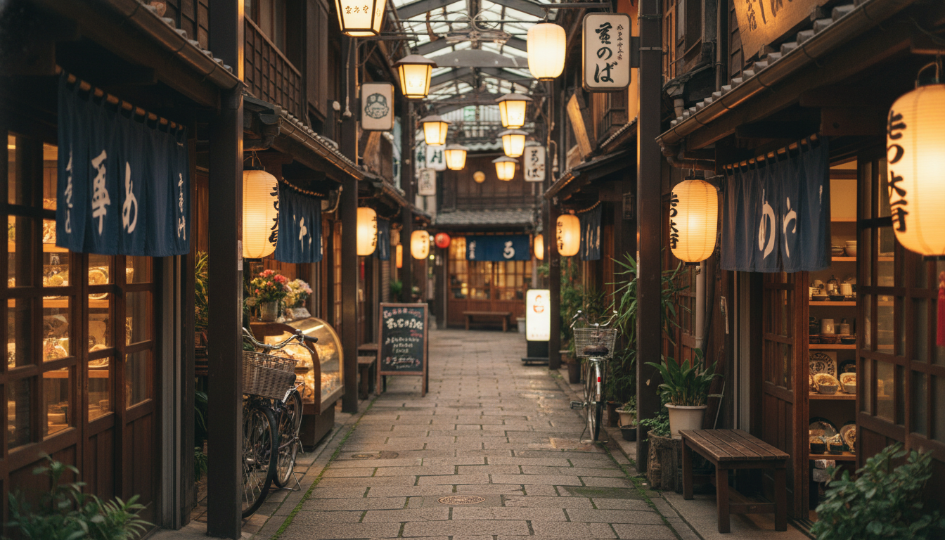 月島の商店街と飲食店が並ぶ風景