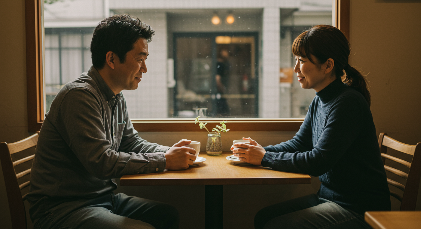 40代カップルが穏やかに会話している様子、信頼関係を育むイメージ