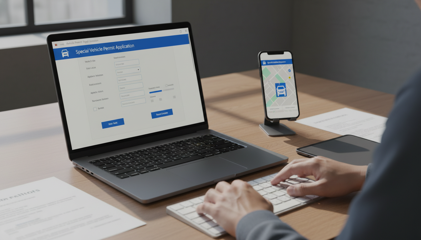 特殊車両通行許可のオンライン申請画面とパソコン作業