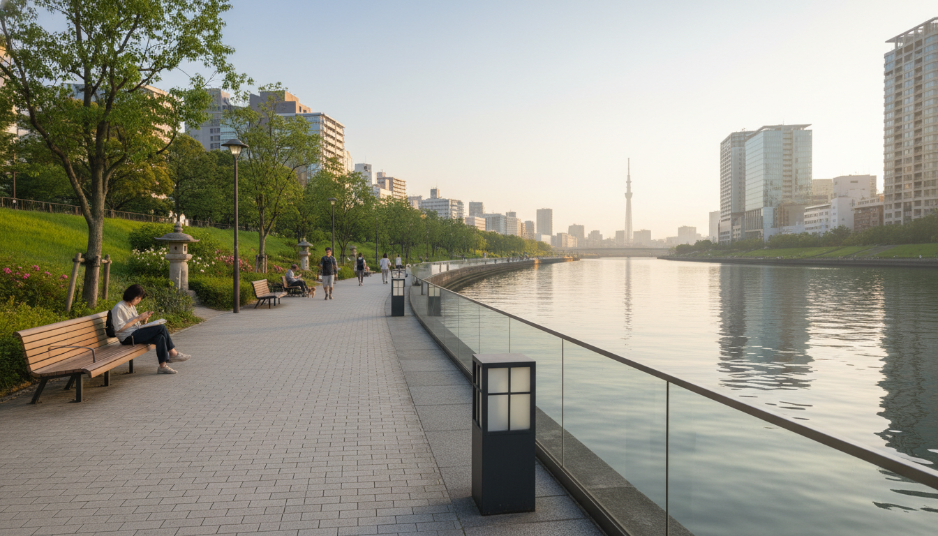 隅田川沿いの遊歩道と公園の風景