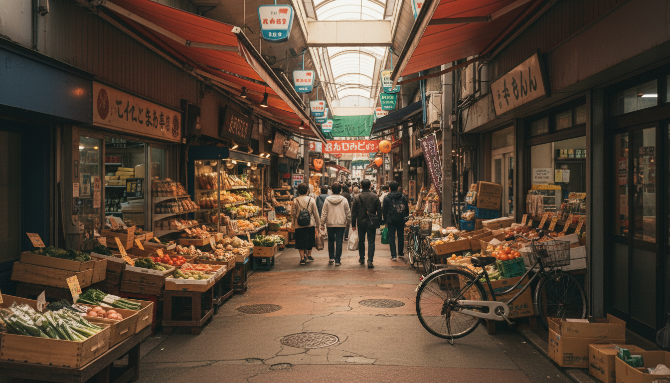 月島の商店街とスーパーマーケットの様子