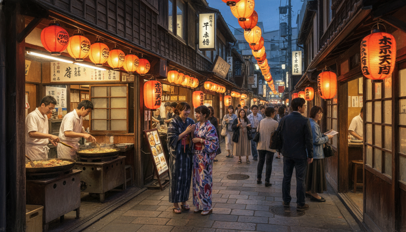 月島もんじゃストリートと家族連れの様子