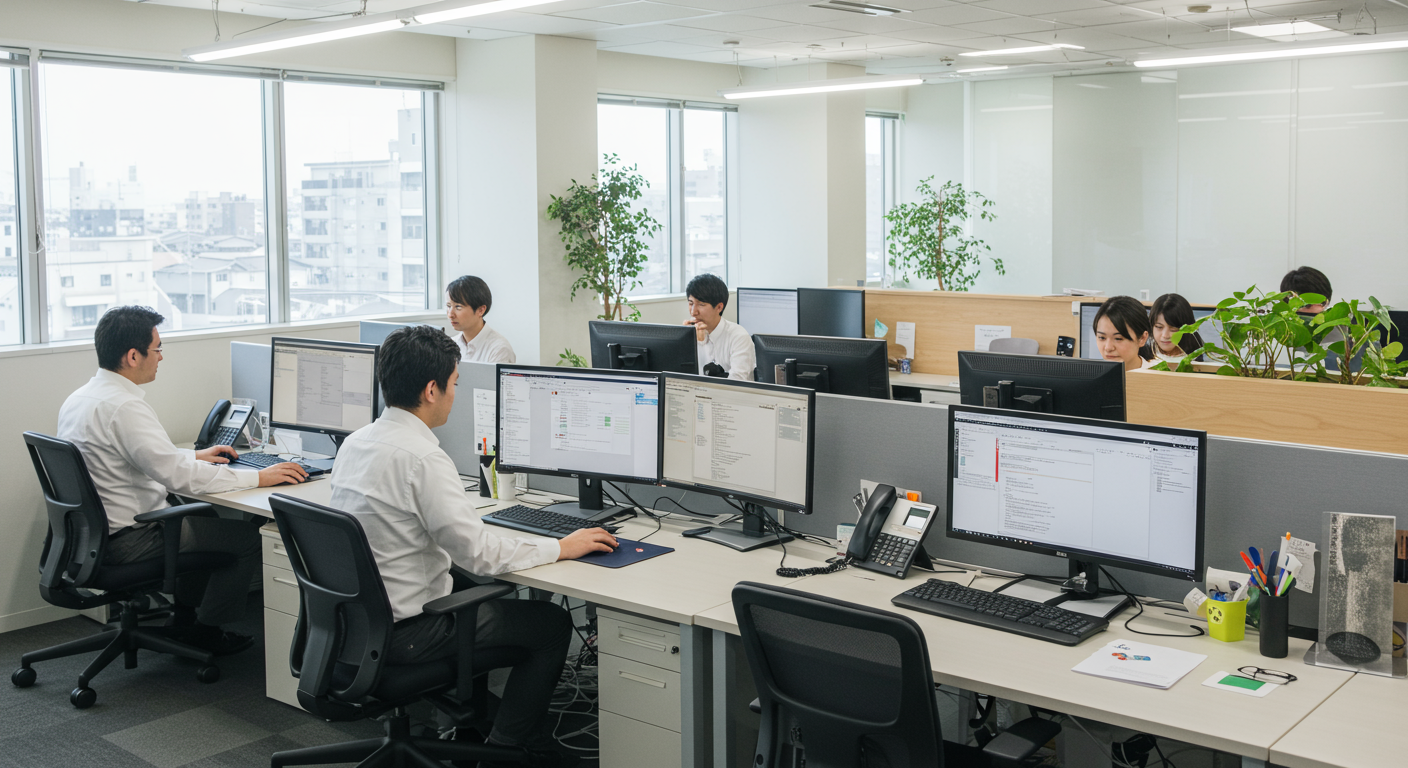 企業オフィスでPCを使用する社員たちの様子