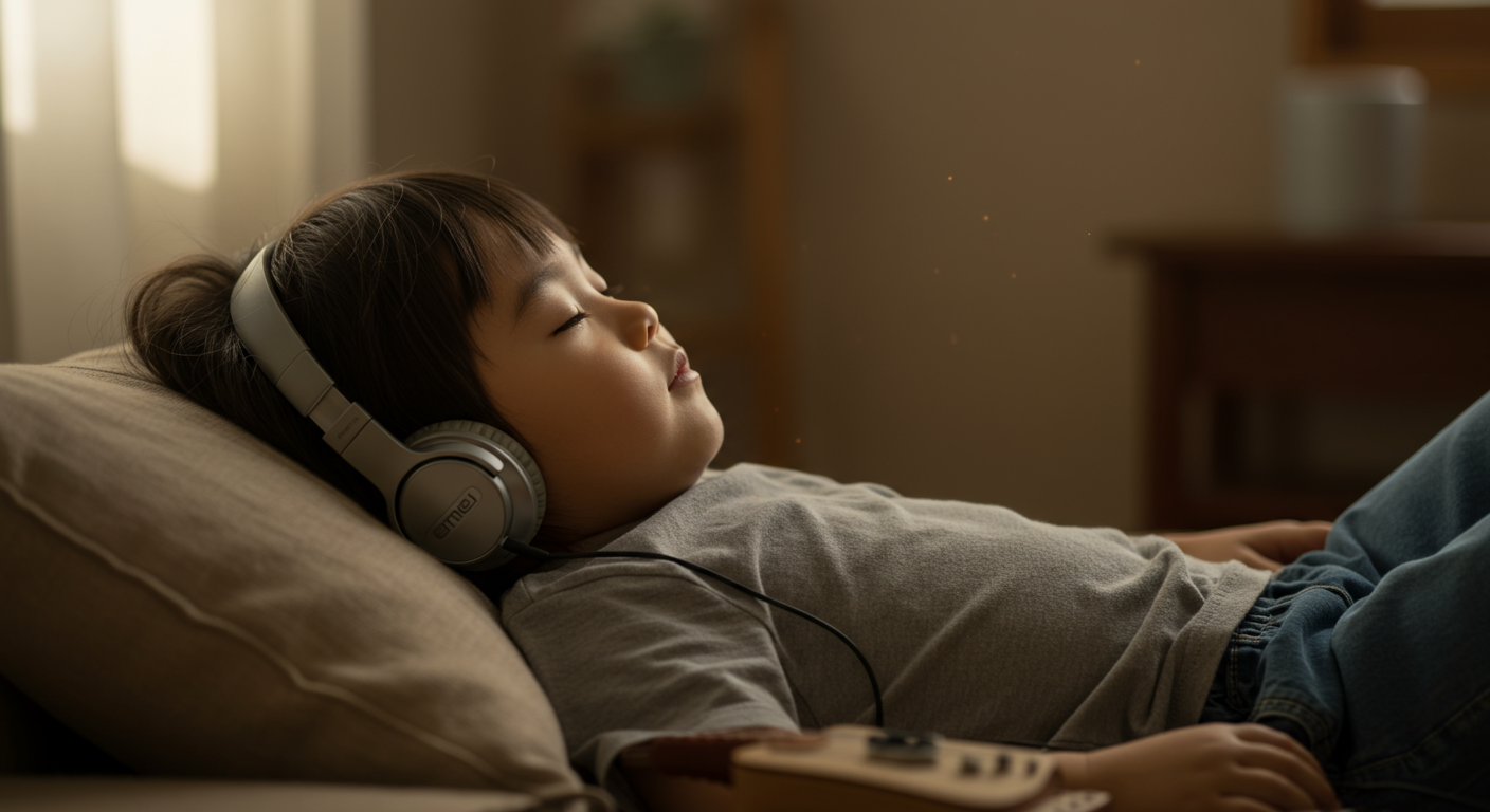 音楽を聴いてリラックスする子どもの様子