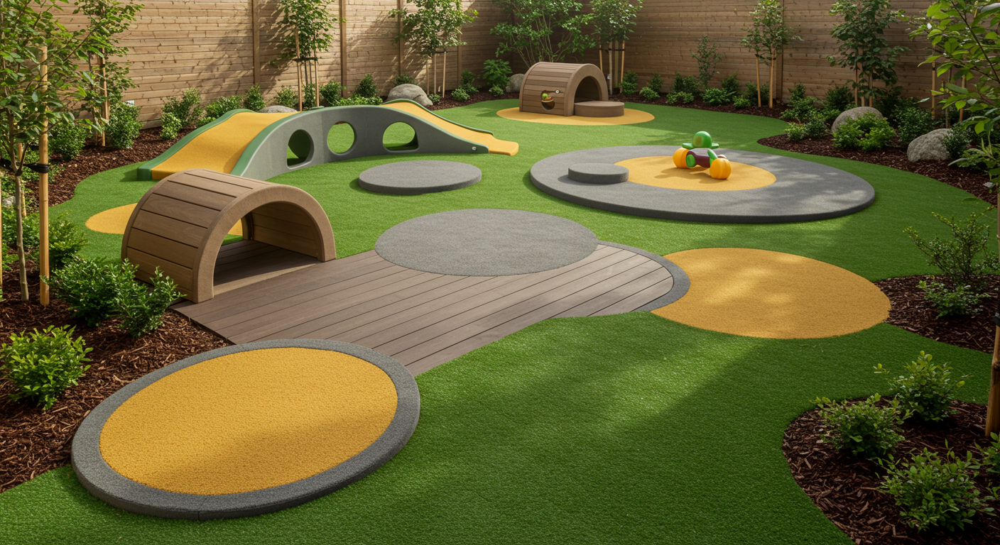 子どもに安全な庭の素材例(人工芝とウッドデッキ)