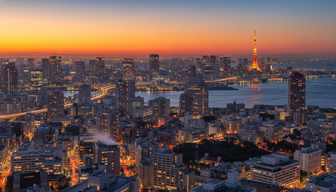 勝どき周辺の夕暮れ時の街並みと東京タワー
