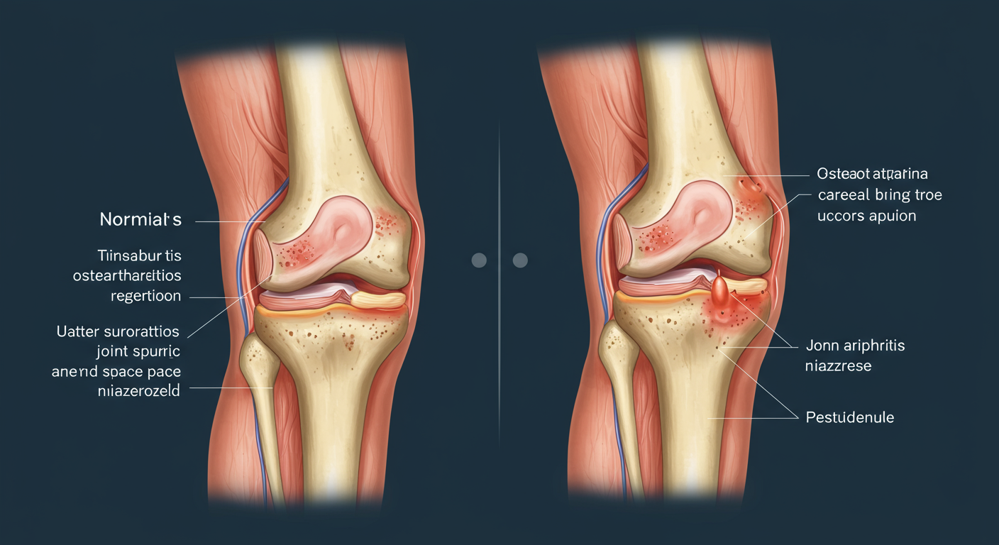 膝関節の構造と変形性膝関節症の進行状態を示す医療イラスト