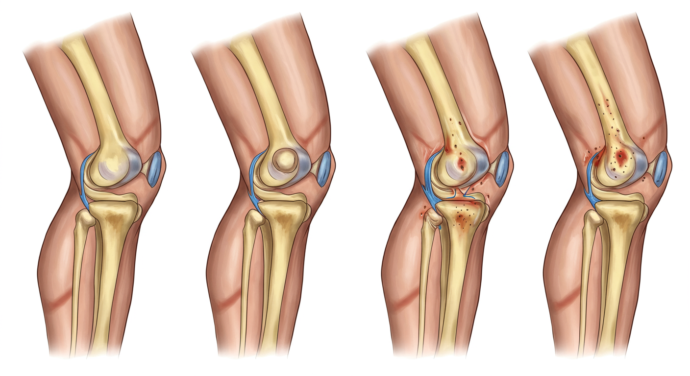 変形性膝関節症の進行段階を示す医療イラスト