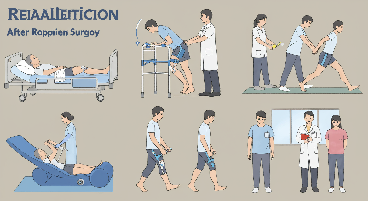 人工膝関節置換術後のリハビリ過程を示すイラスト