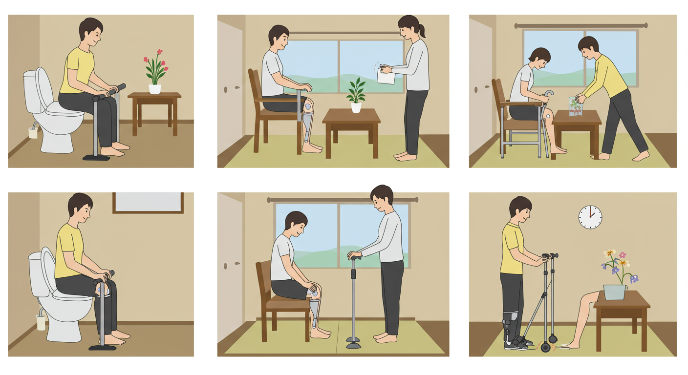 人工膝関節置換術後の日常生活での注意点を示すイラスト