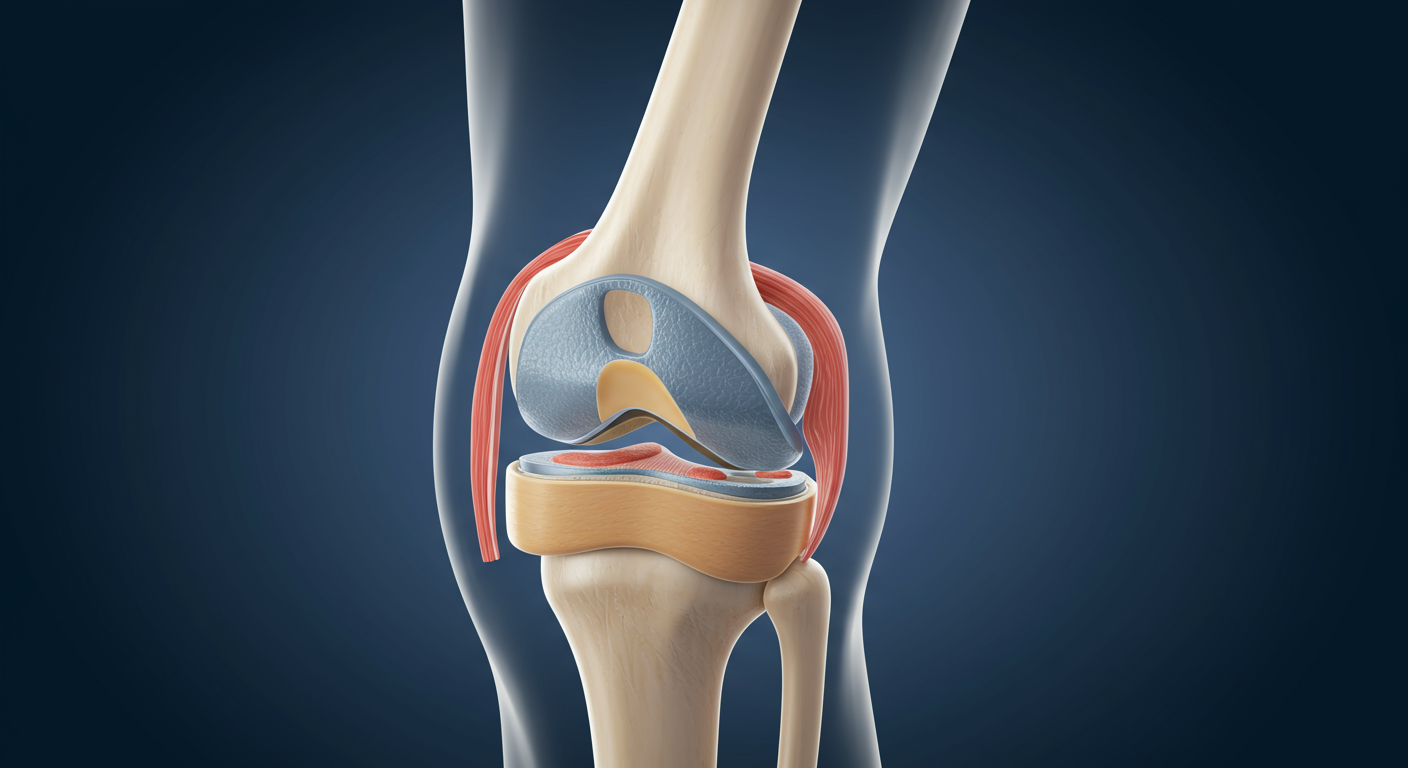 人工関節の構造と耐久性を示す医療イラスト