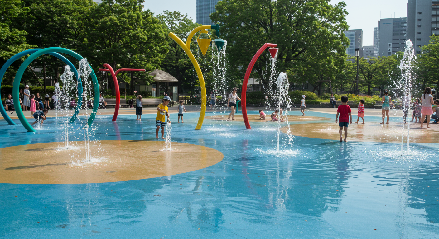 芝公園の水遊び施設で遊ぶ子どもたち