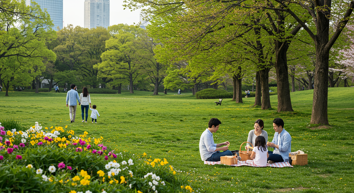 芝公園で遊ぶ家族の様子