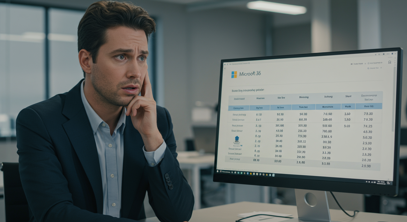 高額なMicrosoft 365の料金表を見て悩むビジネスパーソン