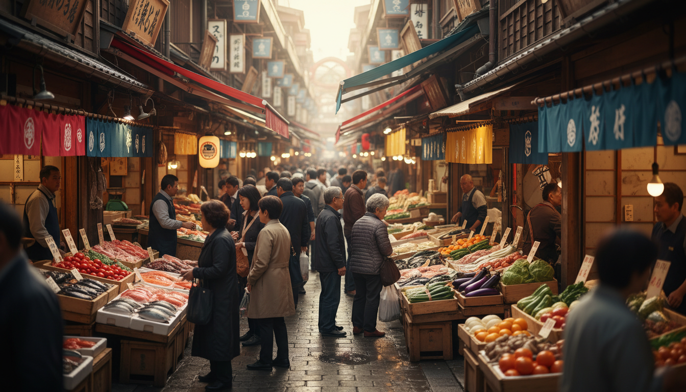 築地場外市場の新鮮な食材が並ぶ商店街の風景