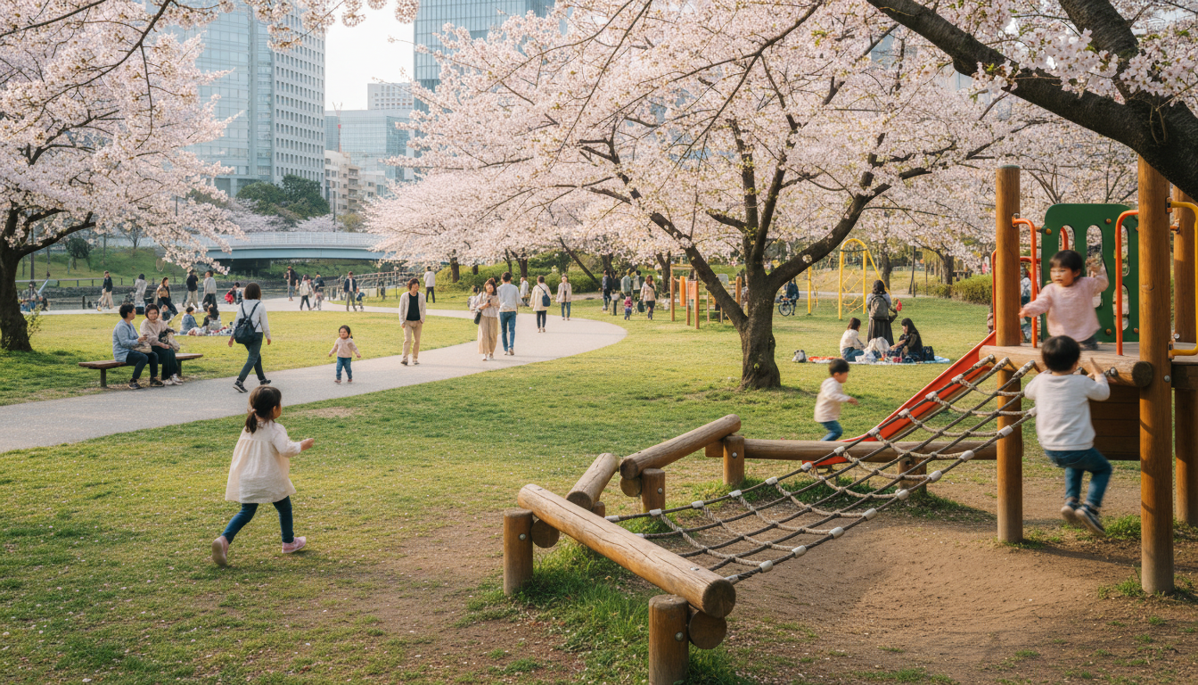 築地エリアの公園で遊ぶ家族連れの風景