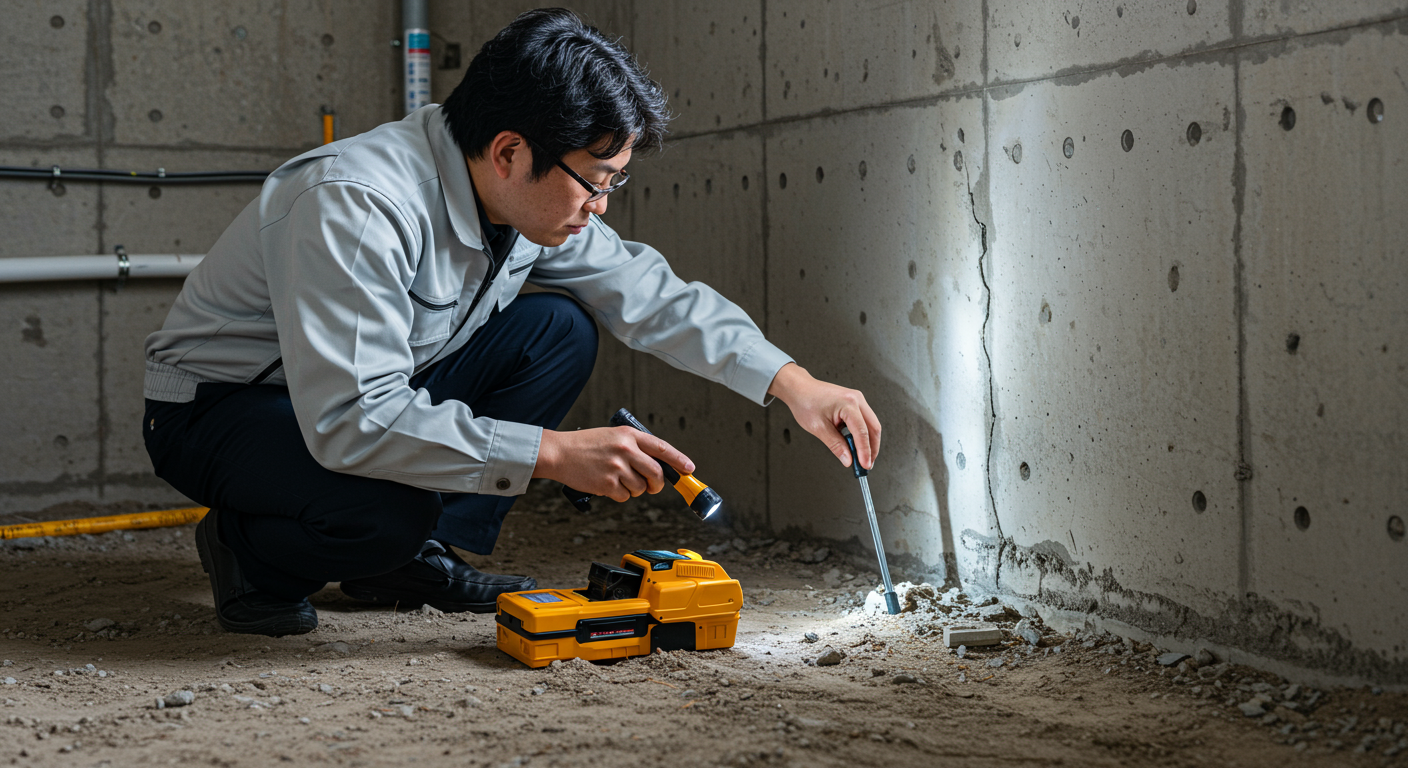 住宅診断士が基礎部分を調査している様子