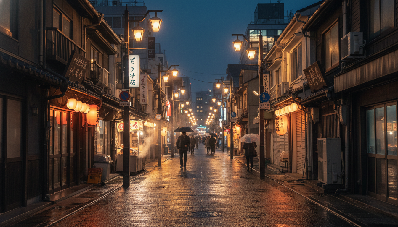 築地エリアの夜間街並みと照明