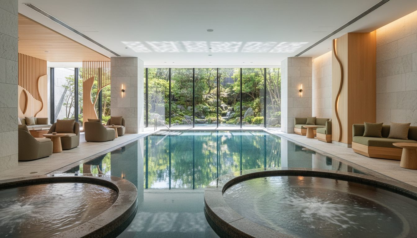 港区元麻布の高級スパ施設のプールとリラクゼーションエリア