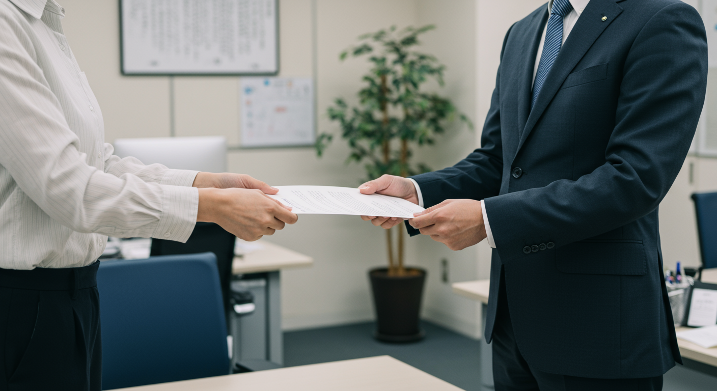 オフィスでの診断書提出シーンを表すビジネスイメージ