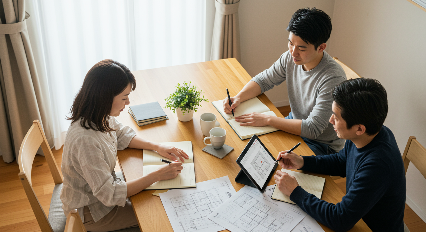 住宅展示場訪問前の準備をしている様子