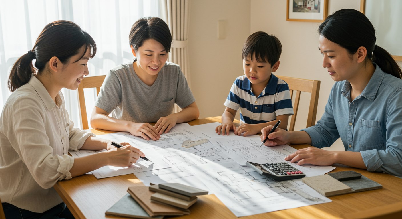 注文住宅の間取り図を確認する家族