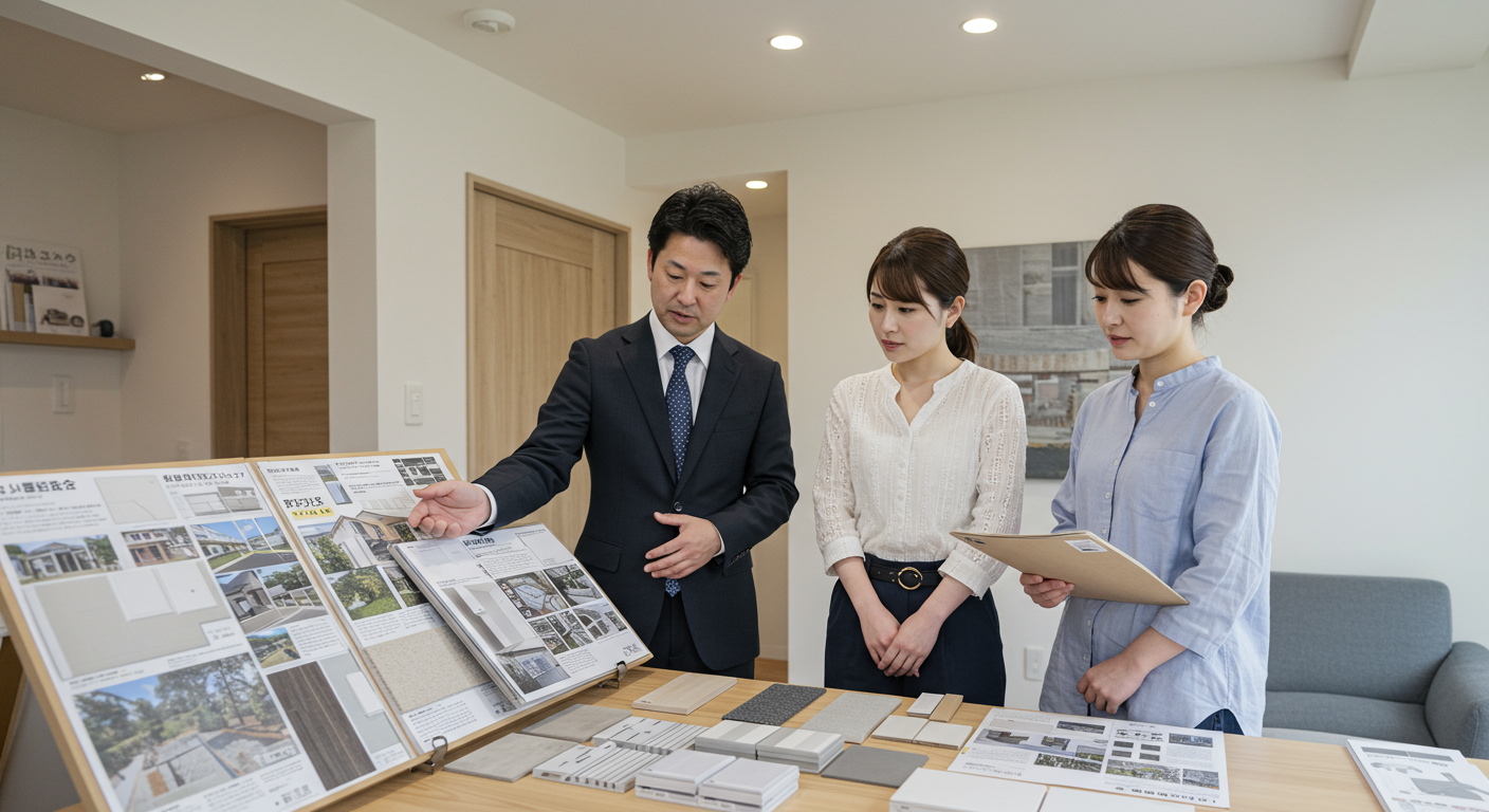施工事例を説明する担当者と熱心に聞く夫婦