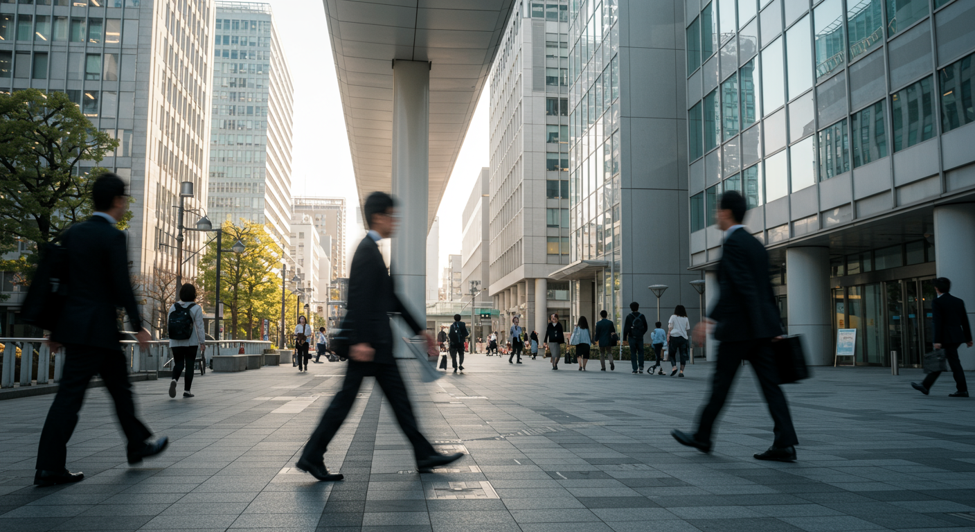 港区のオフィス街と通勤する人々
